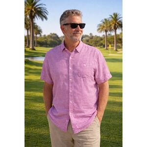Tommy Bahama 100% Linen Shirt Mens 2XL XXL Pink Hawaiian Short Sleeve Button Up